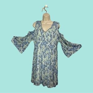 Ninety Clothing Co. V-Neck MIDI Print Dress Cold Shoulder Bell Sleeves Size XL